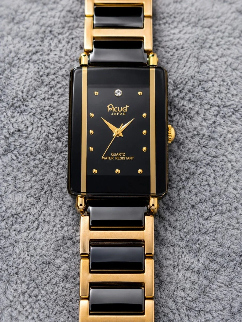Vintage Acuet Japan Quartz Tank Watch Black Gold Two Tone Art Deco Y2K CC